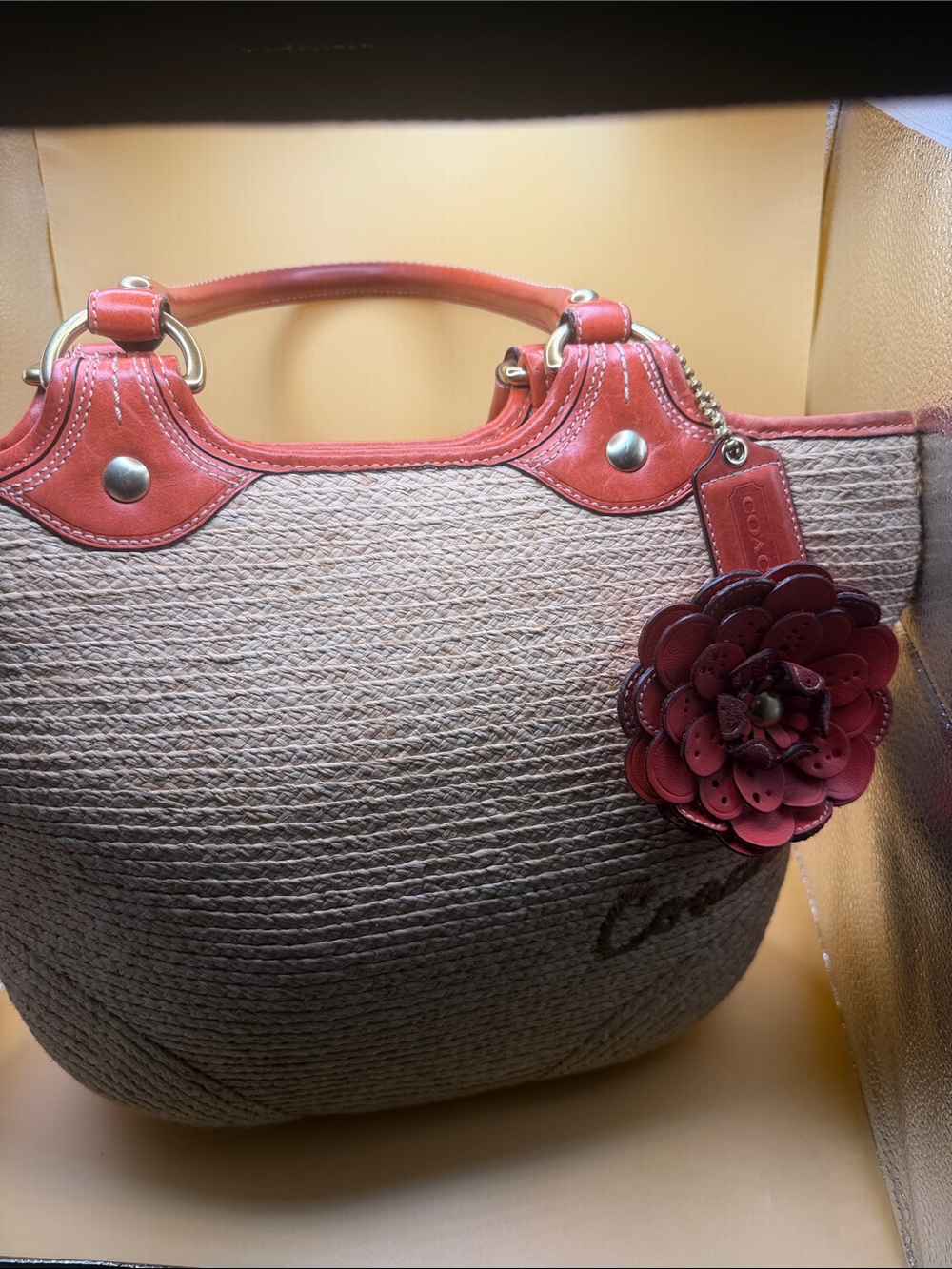 Coach Natural Straw Tote with Coral Trim and Flower Charm